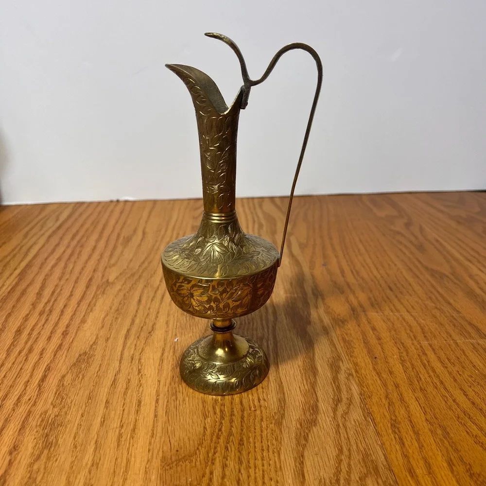 Vintage Engraved Brass Ewer Pitcher Vase Ornate Floral Etched Pedestal Decor